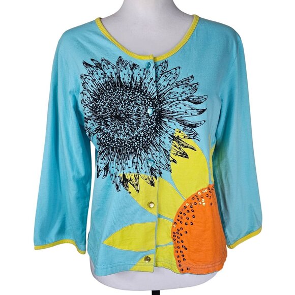 Smitten By Michael Simon Sunflower Print Cardigan M Button Up Beaded Art to Wear - Picture 1 of 8